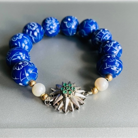 14K Gold Emerald Clasp Pearl Blue Floral Porcelain Bead Bracelet & Neckl…